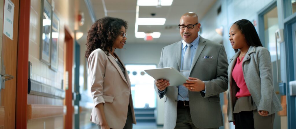 High school principal using digital tablet during a meeting