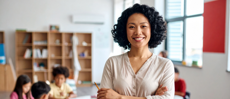 A smiling teacher with dark curly hair stands confidently with her arms crossed in a bright classroom, holding a yellow pencil. Young students are seated at desks working in the blurred background.