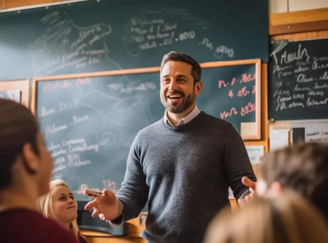 happy male elementary school teacher addressing the class of younger students