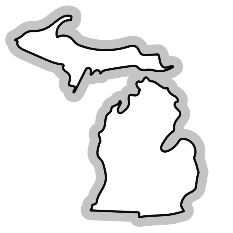 white outline of state of Michigan with black outline and grey shadow