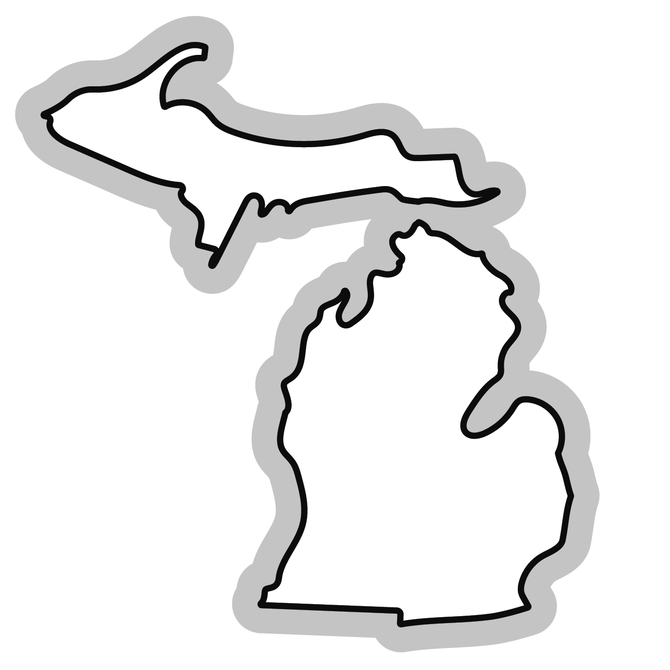 white outline of state of Michigan with black outline and grey shadow