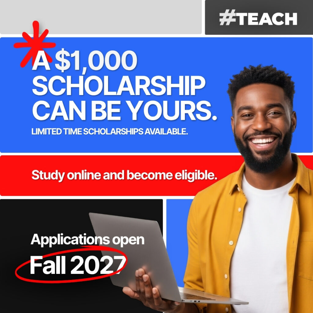 A man is holding a laptop and the text says A $1000 schoalrship can be yours. Limited time scholarships available. Applications open Fall 2027.